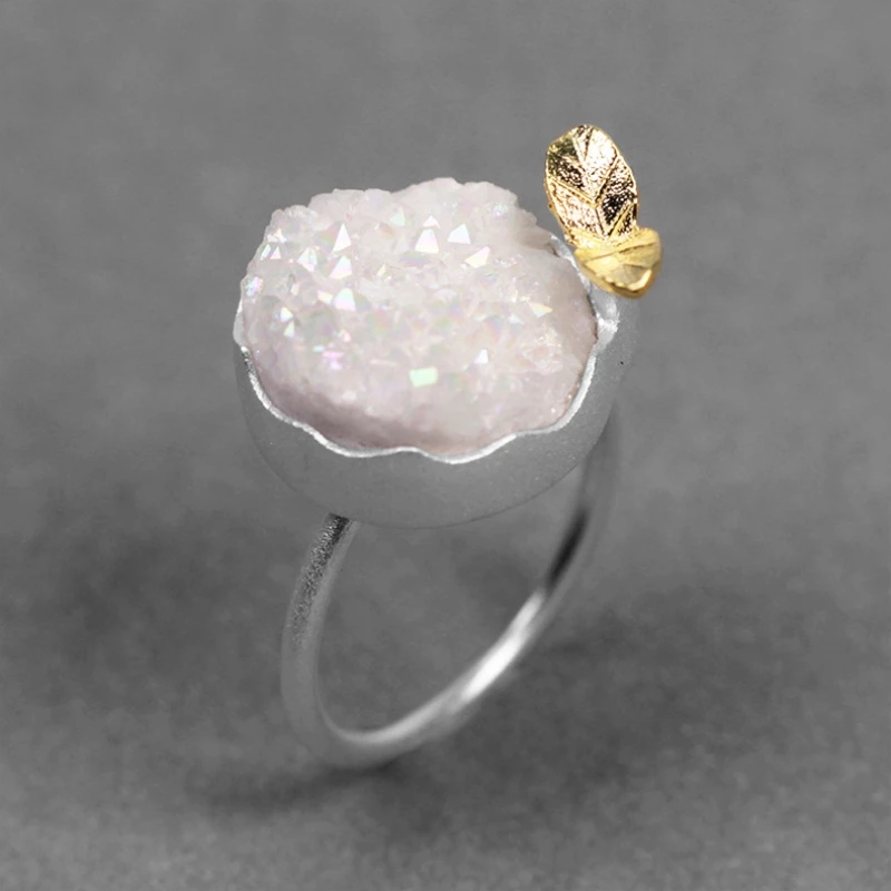 

INATURE 925 Sterling Silver Leaves Ring Natural Crystal Ring for Women Wedding Engagement Jewelry