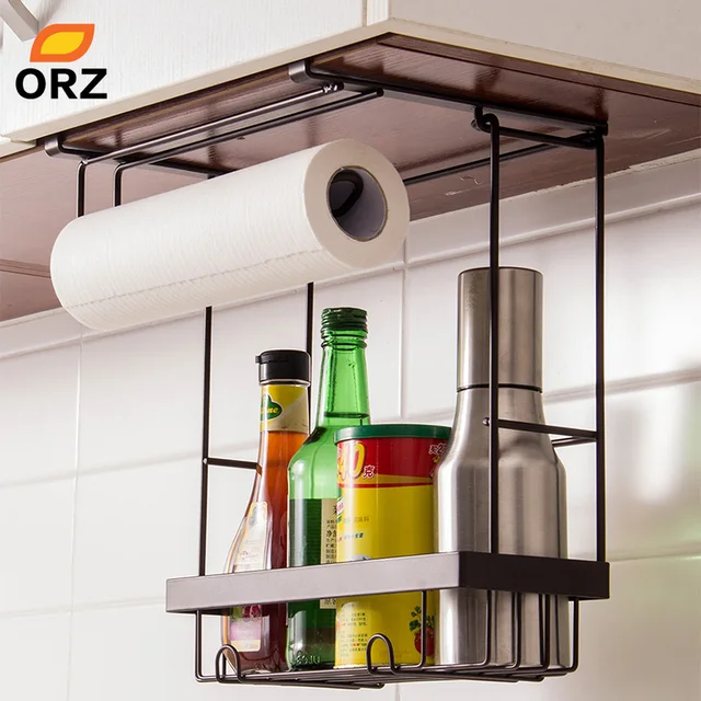 Cheap ORZ Kitchen Storage Organizer Paper Holder Towel Hanger Spice Seasoning Storage Rack Cabinet Hanger Hook Kitchen Organizer Shelf