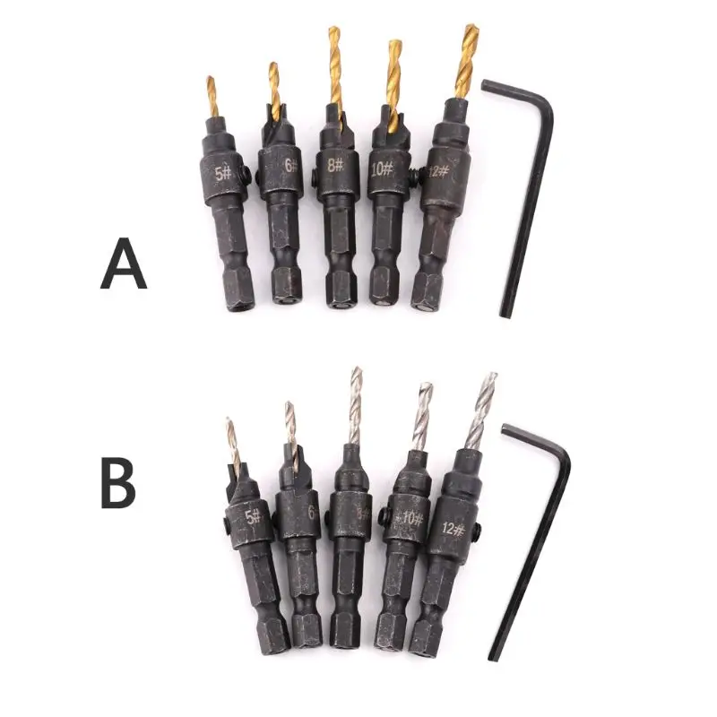 

5pcs Countersink Drill Woodworking Drill Bit Drilling Set Pilot Holes For Screw Sizes # 5 # 6 # 8 # 10 # 12