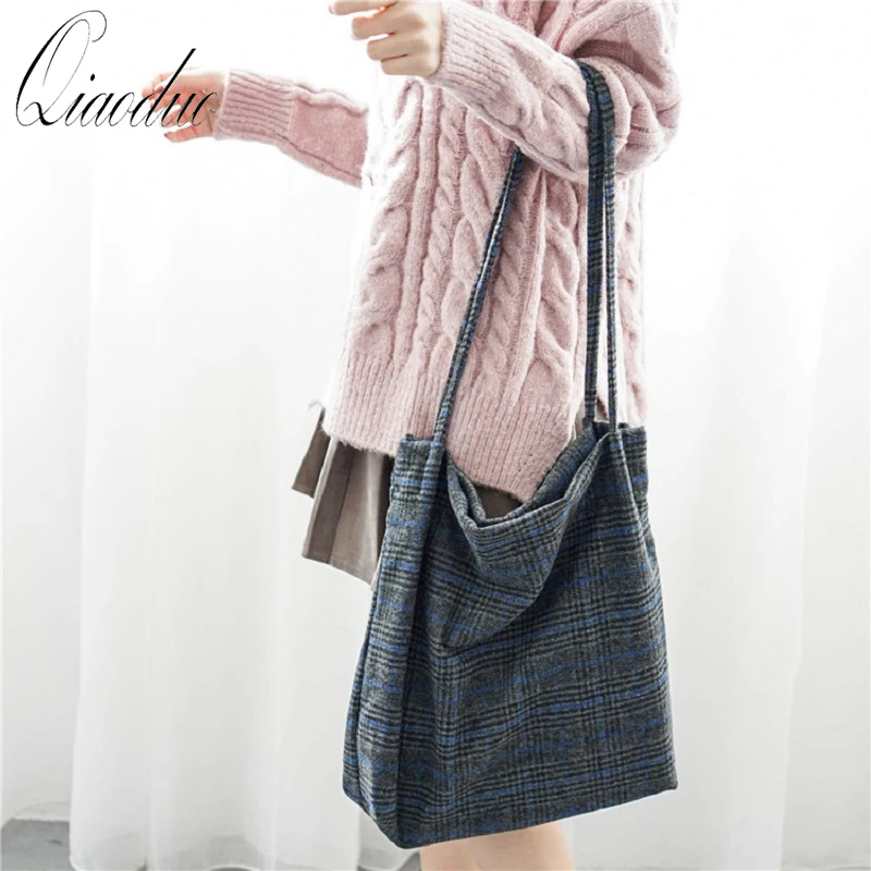 

Qiaoduo 2019 Women Woolen Canvas Shoulder Bag Ladies Vintage Plaid Handbag Totes Female Cotton Wool Cloth Shopping Bags CR6545