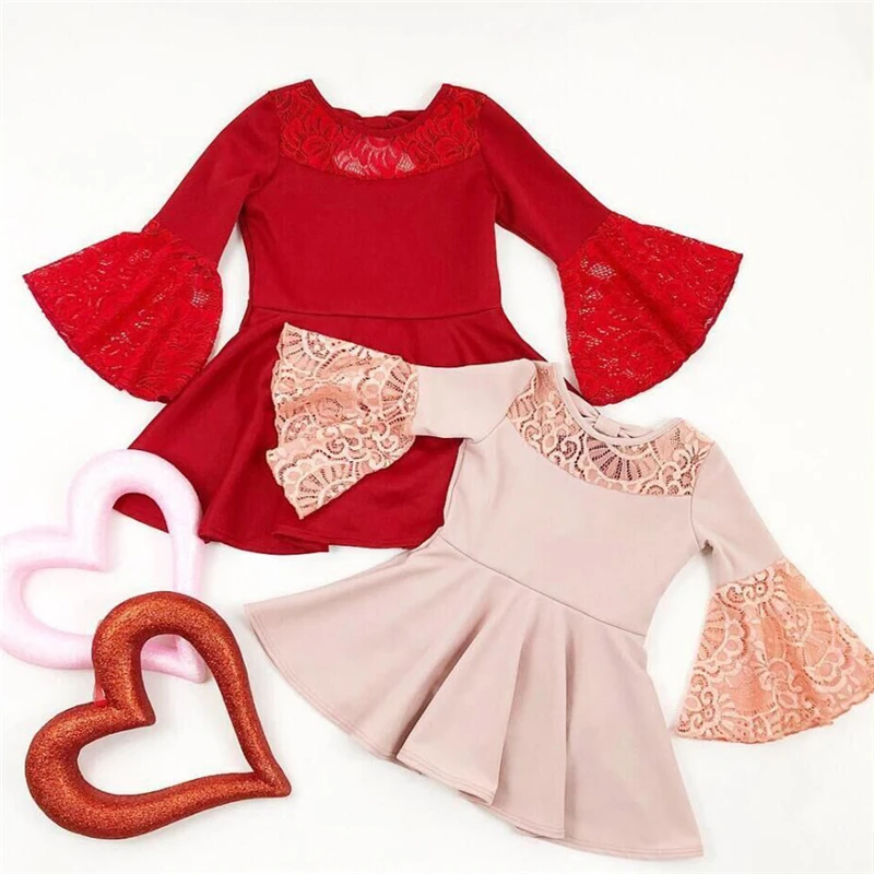 

Toddler Pink Floral Lace Dress Baby Girl Sleeve Dress Princess Children Girl Birthday Party Lace Tutu Mesh Dresses Bell sleeve