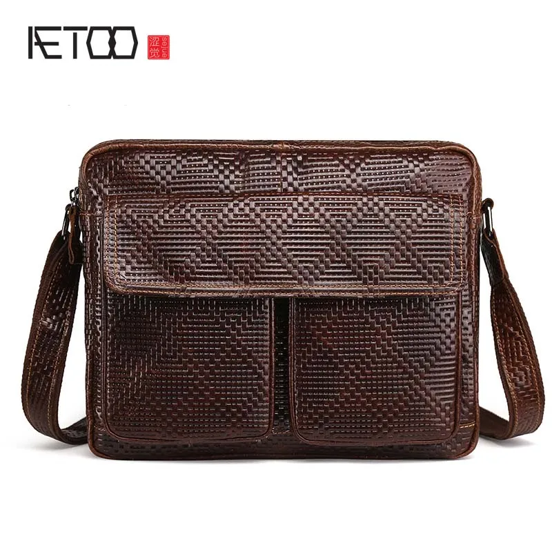 

AETOO new arrival 100% head cow leahter messenger bag men oil wax leather skin layer cowhide Knitting briefcase men travel bag