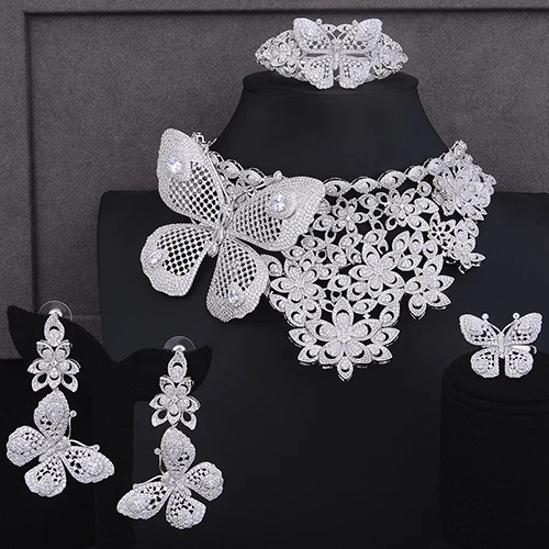 Persoanlity в форме бабочки, нигерийские Свадебные Ювелирные наборы, фианиты, большой воротник, ожерелье, серьги, браслет, кольцо, ювелирный набор - Окраска металла: Silver