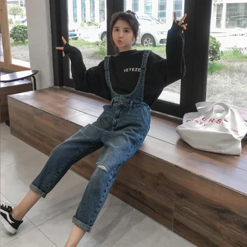 

Hole Washed Vintage Denim Suspender Ankle Pant Jean Trouser Korean High Street Fashion 2018