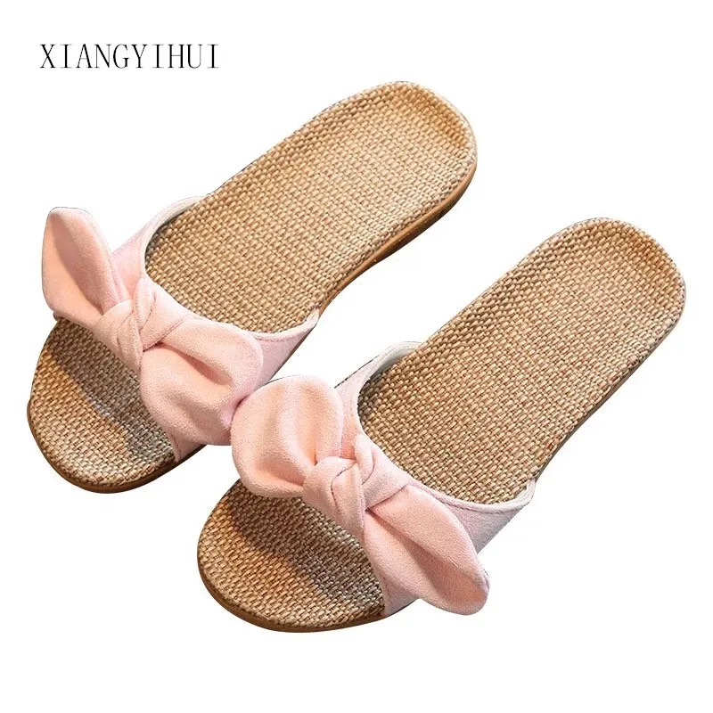 

Women Slippers Fashion Flat Flip Flops Indoor Bathroom Linen Slipper Female Outdoor Wear non-slip Bamboo Slippers