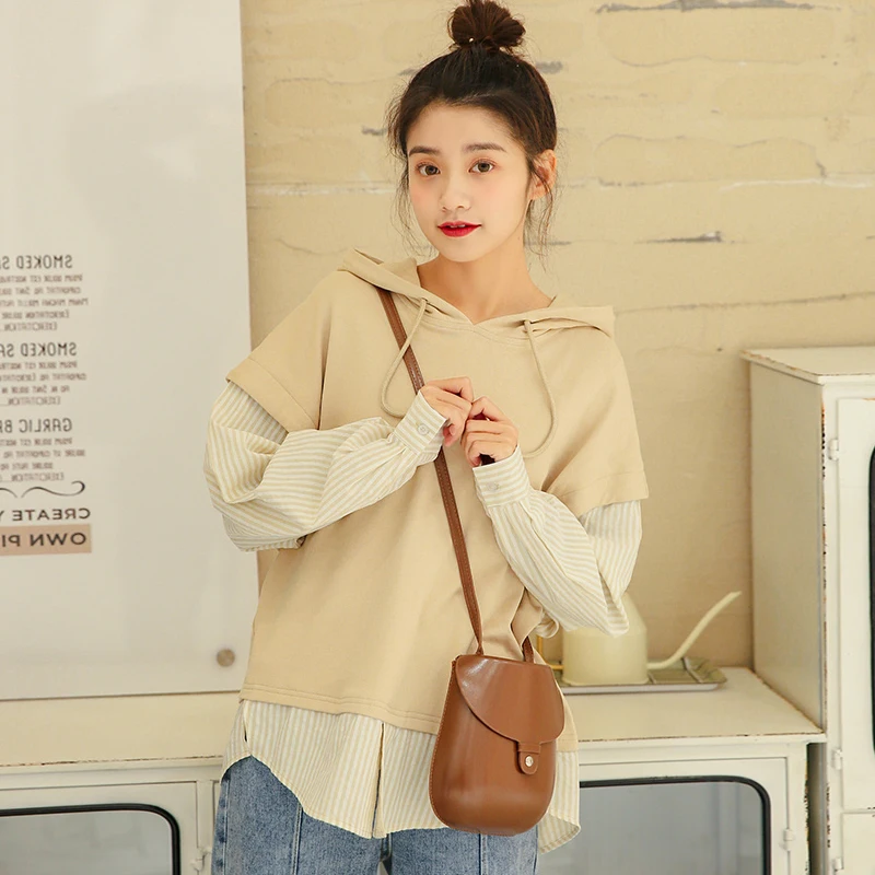 

2019 Autumn New Women's Sweatshirt Korean Fashion Loose Stitching Fake Two Pullovers Long Sleeve Female Hoodies Crop Top Hoodie