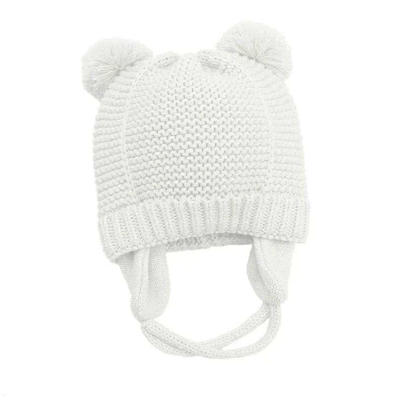 Зимняя вязаная шапка для новорожденных, с начесом, однотонная, с ушками, с милыми медвежьими ушками, пушистый помпон вязаная шапочка с помпонами Ca
