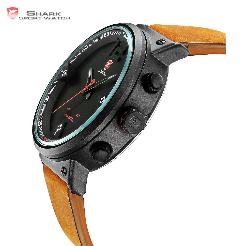Bluegray Carpet Shark Sport Watch Black Men's Quartz Digital Analog LED Military Brown Leather Watches Relogio Masculino /SH546