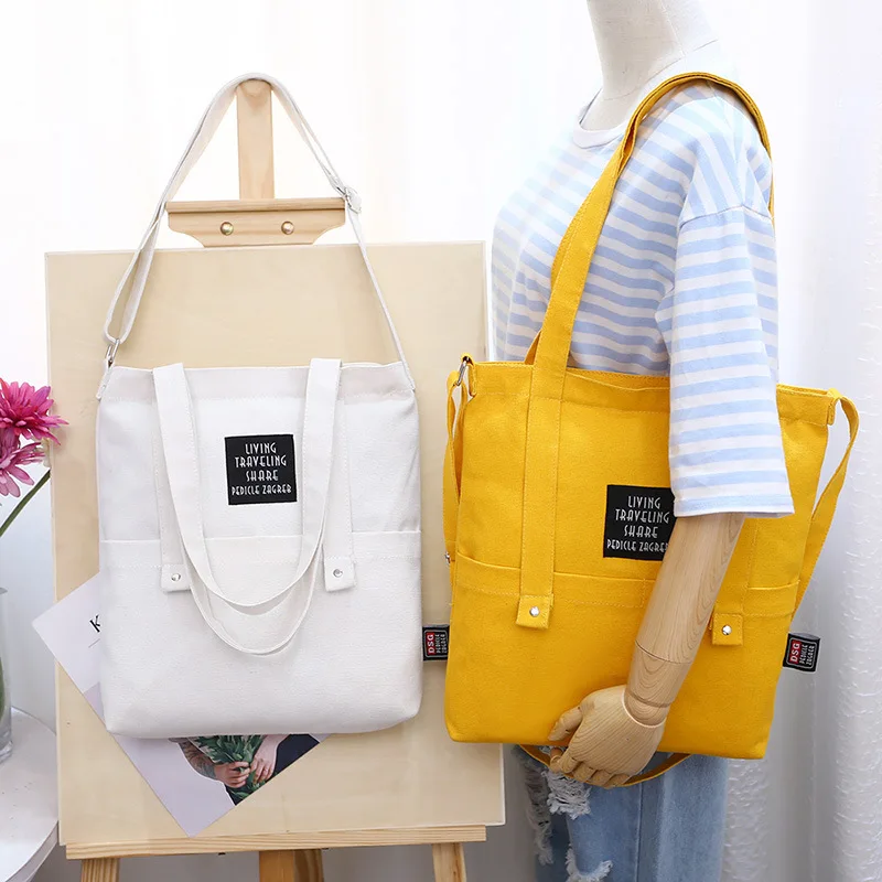 

Korean Women Canvas Tote Ladies Casual Hand Shoulder Bag for Girls Foldable Book Shopping Bags Cotton Cloth Yellow Black Handbag