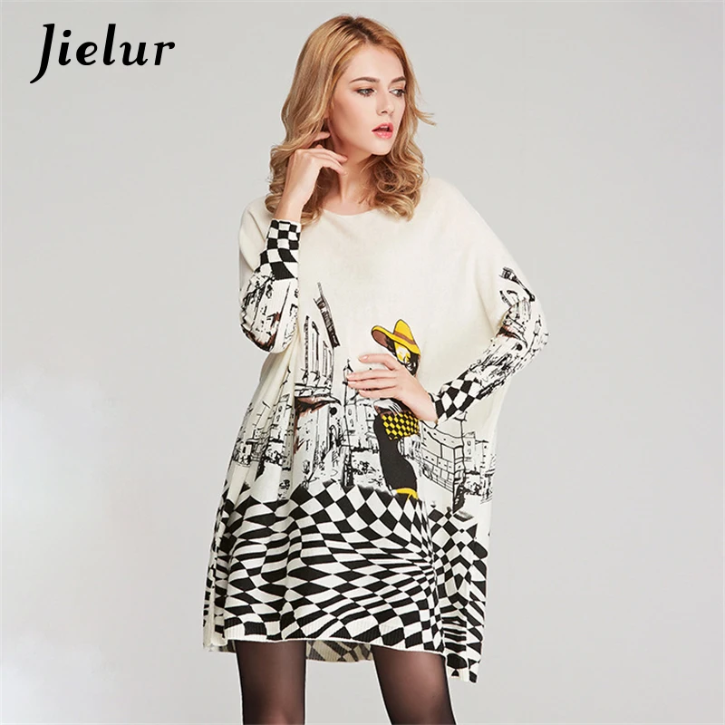 Jielur, осенний свитер с мультяшным принтом для женщин, свободный рукав "летучая мышь", женские длинные свитера, пуловер, модная женская одежда