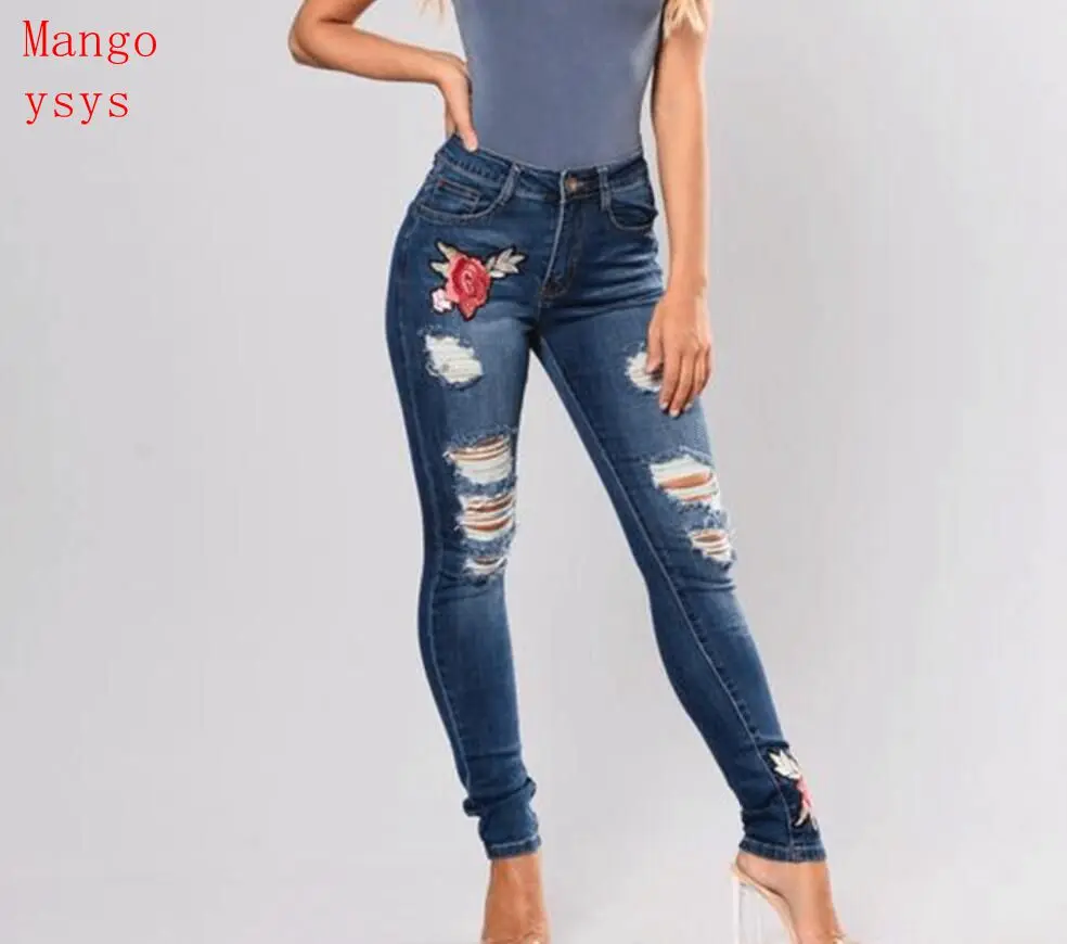 Mango ysys nuevo azul borla rasgado Jeans pantalones vaqueros pantalones para mujer lápiz bordado talla grande 3xl|Pantalones vaqueros| -
