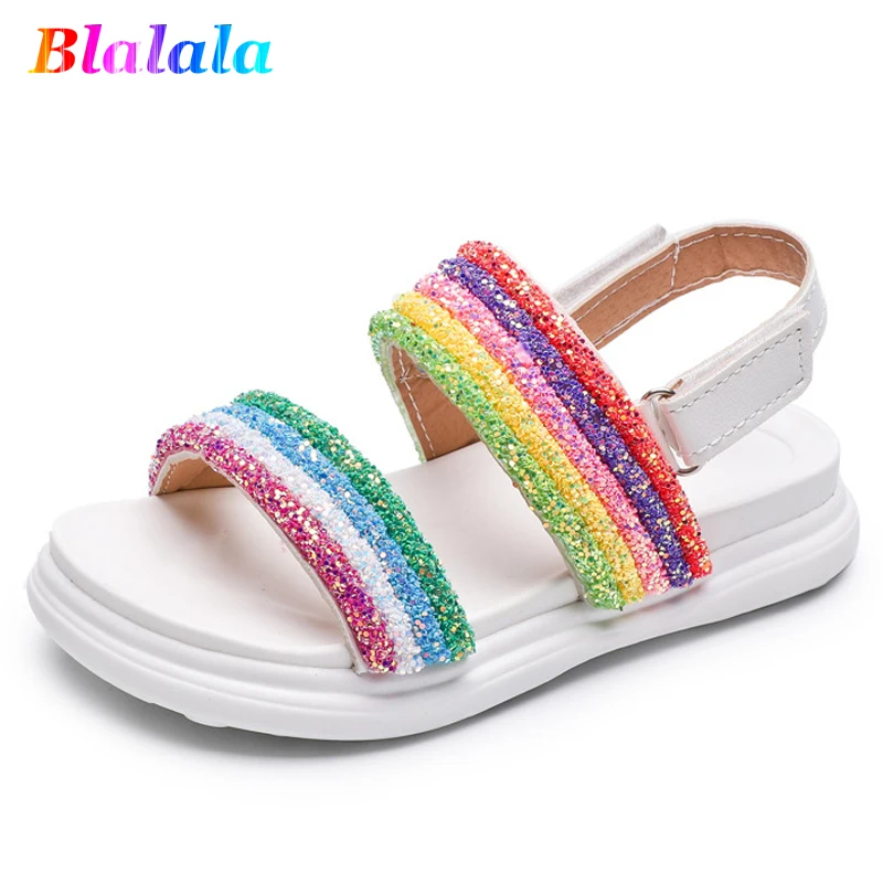 

Summer girls sandals baby beach shoes children shoes kids breathable shoes fashion glitter rainbow striped hollow out 3-14 yrs