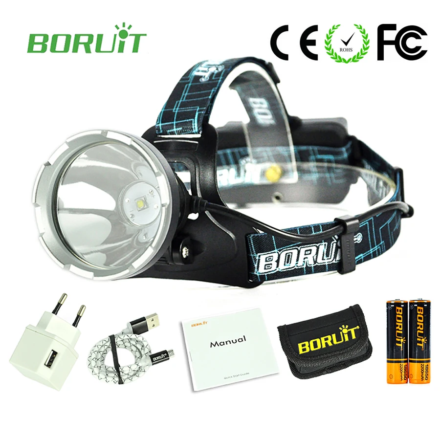 

Boruit B10 rechargeable led headlamp hunting and fishing flashlight head 18650 Headlamps Lamp for caving hiking with battery