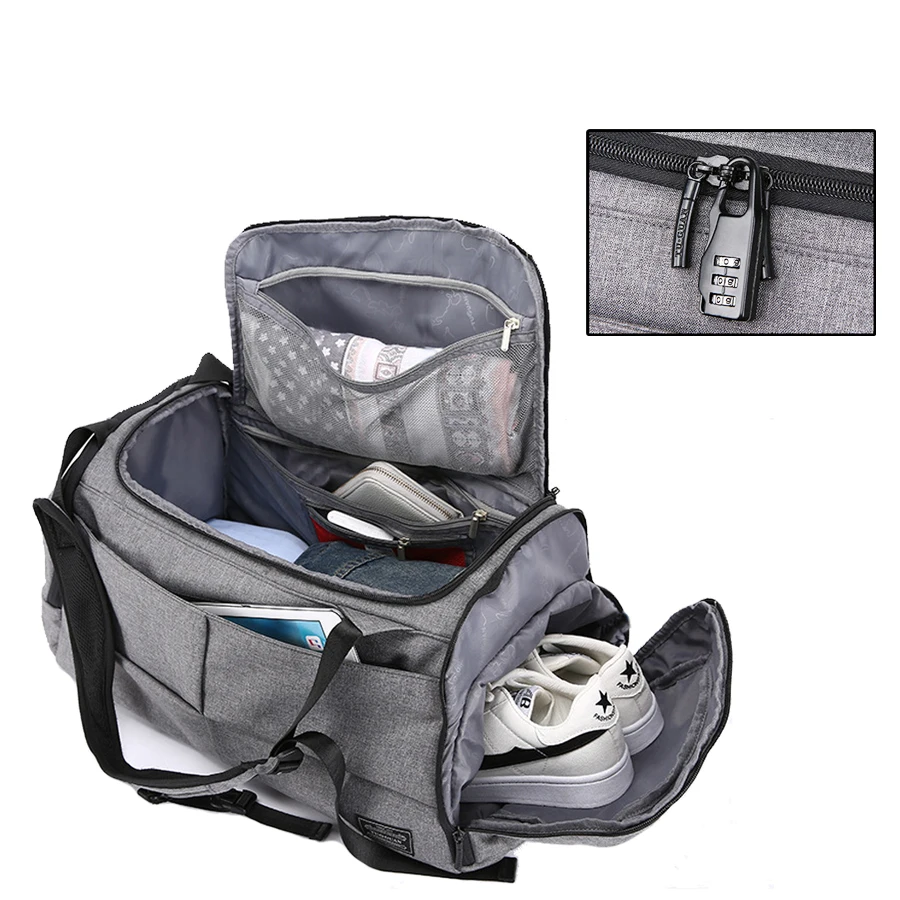

Men Travel Bag Waterproof Sport Gym Bag Multifunction Tote Backpack For Shoes Storage Fitness Anti-Theft Lock sac de Black Gray