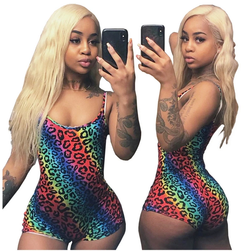 

Summer Style Leopard Print Bodycon Bodysuit Spaghetti Strap Backless Bandage Playsuits Sexy One Piece Outfits Shorts Rainbow
