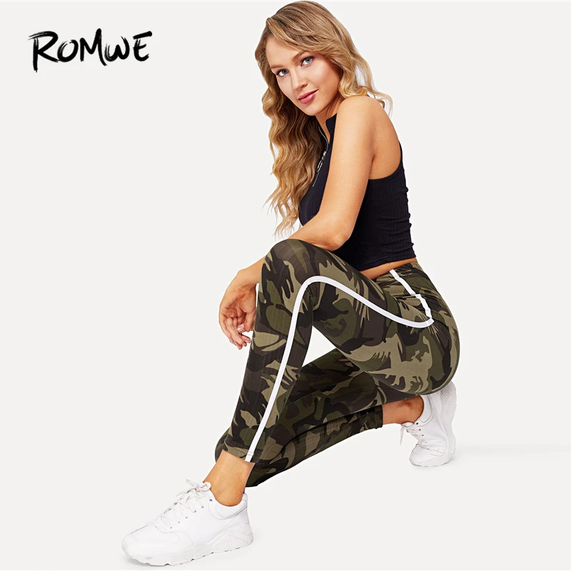 

ROMWE Camouflage Striped Side Skinny Leggings Bottoms Autumn Women Casual Pants Female Spring Multicolor Sporty Crop Leggings