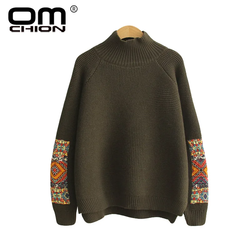 

OMCHION Pull Femme 2017 Autumn Winter Turtleneck Sweater Women Applique Vintage Split Pullover Female Knitted Jumper LMY84