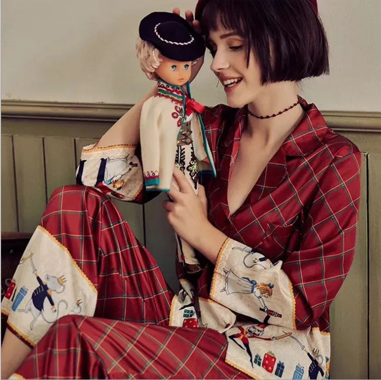 2019 New Spring and Autumn Women Lapel Long Sleeve Plaid Printed Pajamas Home Clothes Female Silk Satin Sleepwear Night Wear | Женская