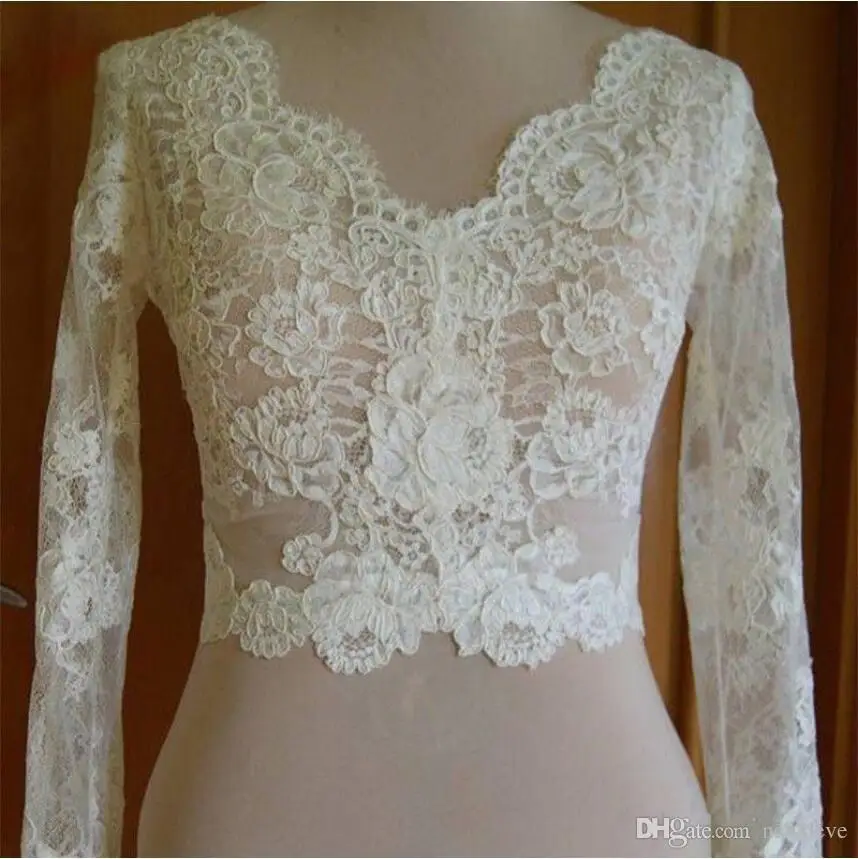 

Vintage 2019 Bridal Bolero Jackets White Ivory Wedding Top Lace Long Sleeve Scalloped V Neck Plus Size Bridal Accessories