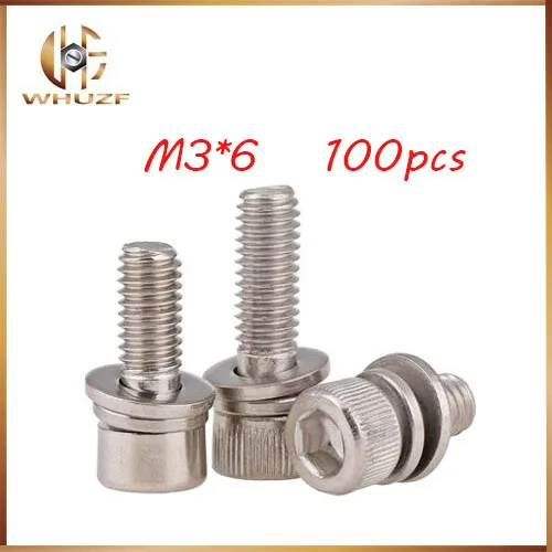 

Free shipping 100pcs M3 6mm M3*6mm 304 Stainless Steel Inner Hex Bolt Hexagon Socket combination Lock Washer Sems Assembly Screw