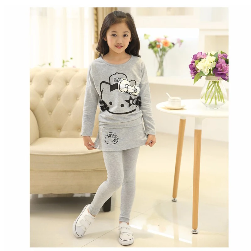 

Baby girl clothes children's set spring and autumn long-sleeved T-shirt+pants KT cat cartoon decals children's sports suit4-11y
