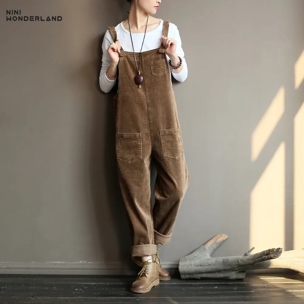 

NINI WONDERLAND 2019 Spring Corduroy Vintage Hanging Pants Women Loose Overalls Pants Autumn Female Classic Trousers Big Size