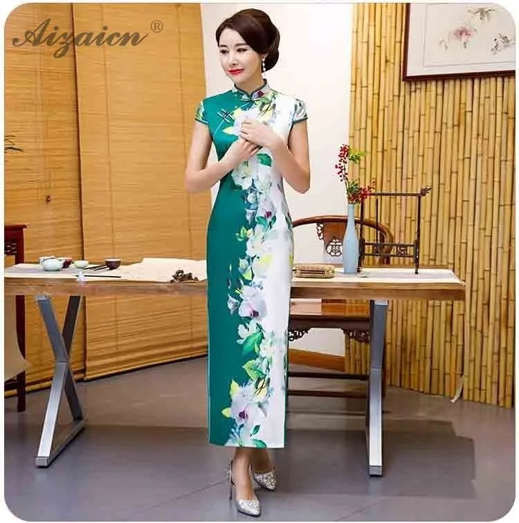 Новинка 2019 года двухцветная печать Cheongsam Плюс размеры шелк Ци Пао для женщин китайское платье традиционный восточный стиль вечерние