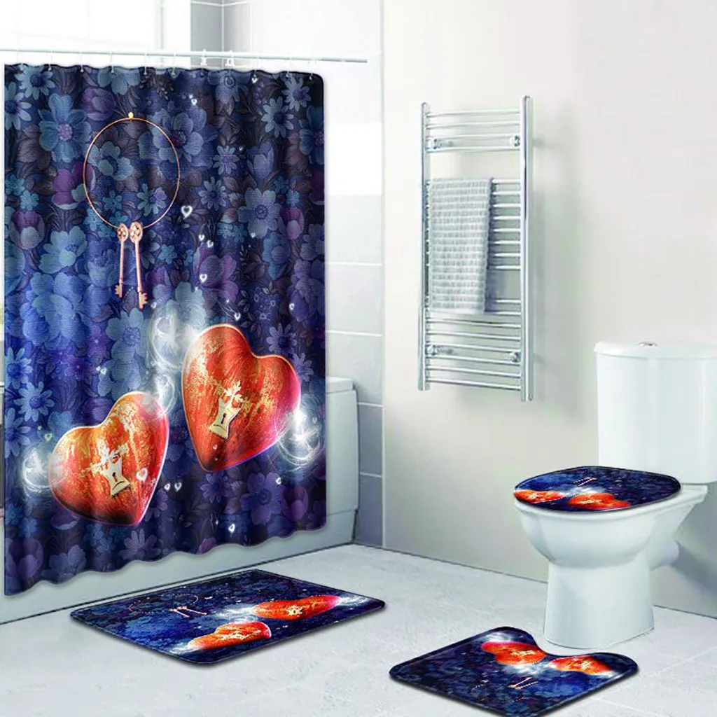 

4PCS Sea Style Non Slip Toilet Set Polyester Rose pattern Non-Slip Pedestal Rug + Lid Toilet Cover + Bath Mat+Shower curtain L61