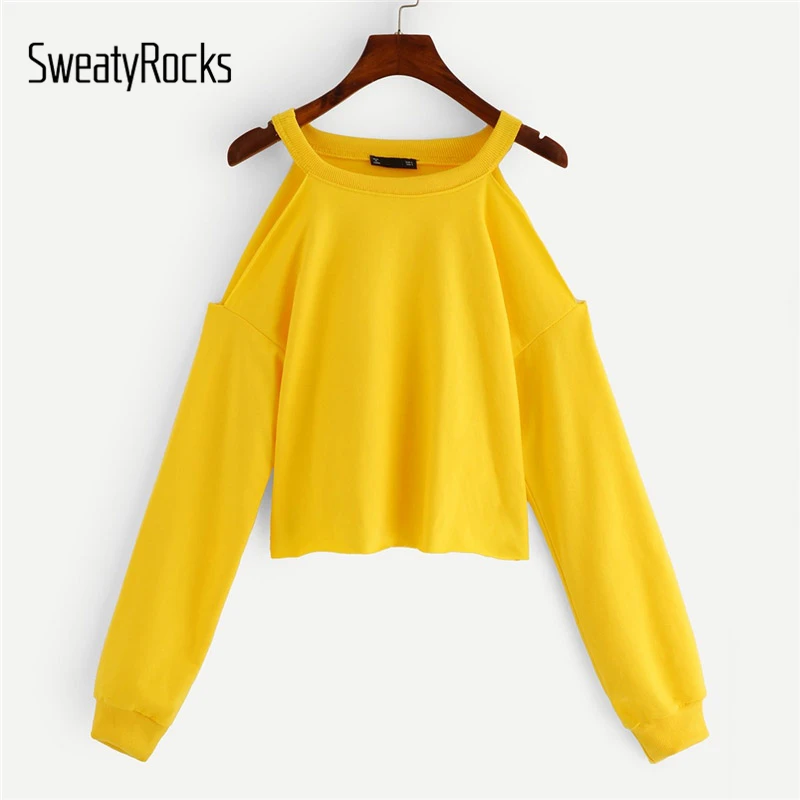 SweatyRocks الأصفر مفتوحة الكتف المتوترة حافة السترة طويلة الأكمام الباردة الكتف المحاصيل قمم 2018 الخريف عارضة المرأة بلوزات