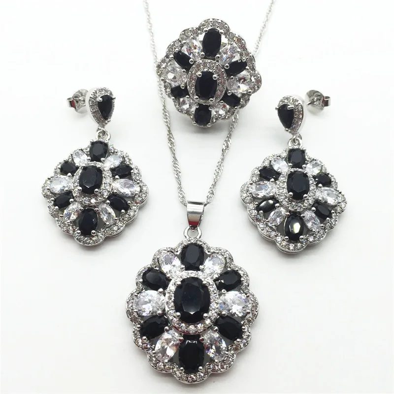 White Black Topaz 925 Sterling Silver Jewelry Sets AAA Zircon Necklace Pendant Drop Earrings font b