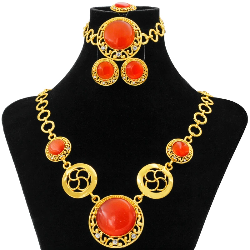 

Italian Fashion Luxury Wedding 24 Gold Jewelry Sets Round Shape Design Zircon Necklace Bracelet Earrings Bridal Gift Jewelry