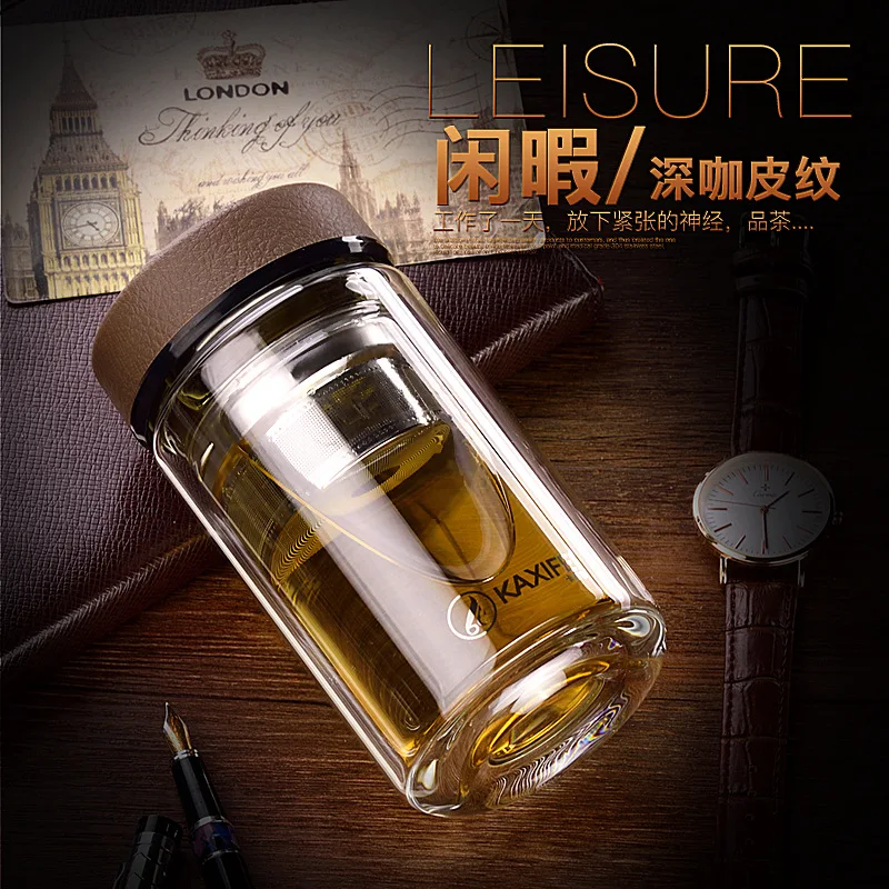 Brief Modern Portable Fashion Water Bottles and Double Glass High Grade Transparent Glass Cups Anti High Temperature with 320ml