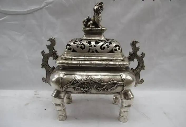 

Chinese Tibet Buddhism Silver Foo Dog Foo Dog Lion Plum flower incense burner
