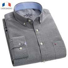 LANGMENG 2018 New Spring Autumn Oxford Men Shirts Long Sleeve 60% Cotton Casual Shirt Mens Slim Fit Solid Color Dress Shirt