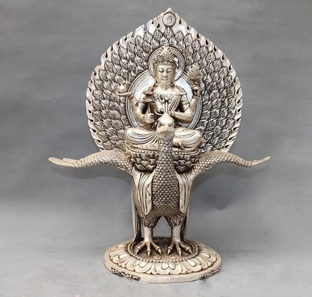 

18" Tibet Silver Buddhism Sakyamuni Maha-mayuri Guanyin ride Peacock Statue Decoration Crafts Statues & Sculptures