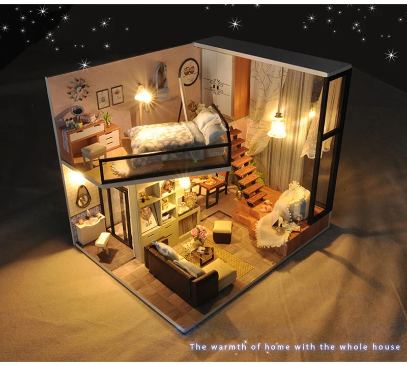 DIY Miniature Doll House 3D Wooden Dollhouse with Furniture Dust Cover Assemble Kit Toys Doll Houses for Children Birthday Gift (6)