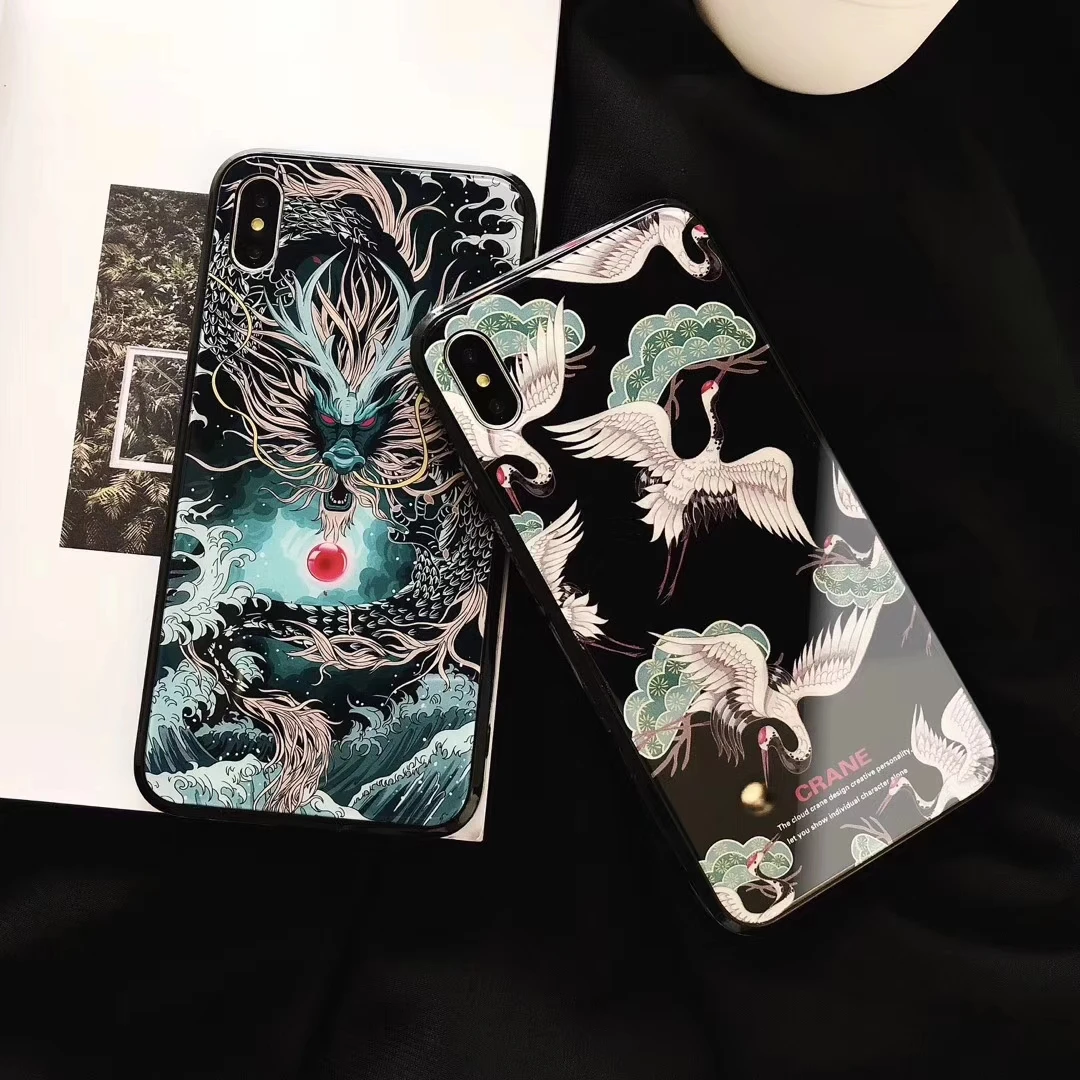 

Original Art Dragon Edge Crane Men's mobile Phone Case For iphone XS MAX XR X 7 8 6 6S plus Back Cover Tempered Glass Case Coque