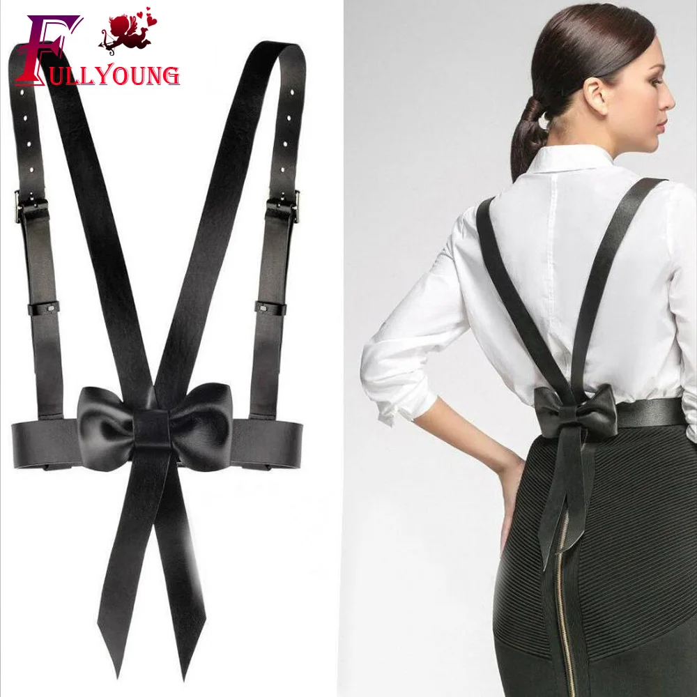 

Fullyoung Punk Leather Belt Women Body Harness Bondage Cage Bow Tie Waist Belt Rave Top Sexy Cosplay Garters Goth style Fashion