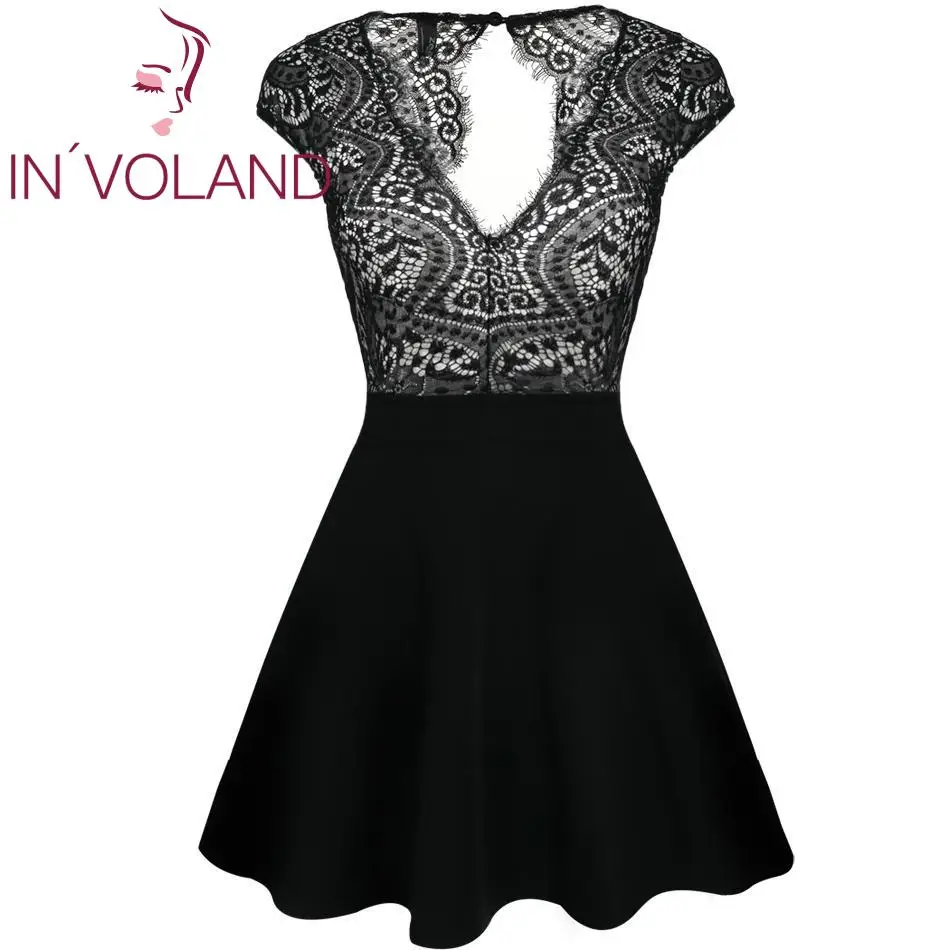 Women Lace Patchwork Double V Neck Fit and Flare Mini A-Line Dress Black S