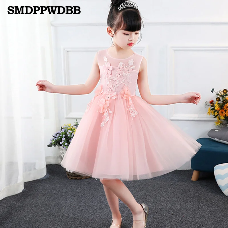

SMDPPWDBB Kids Girls Dresses Wedding Flower Girl Dress Princess Party Pageant Formal White Pink Sleeveless Lace Tulle 2-9 Y