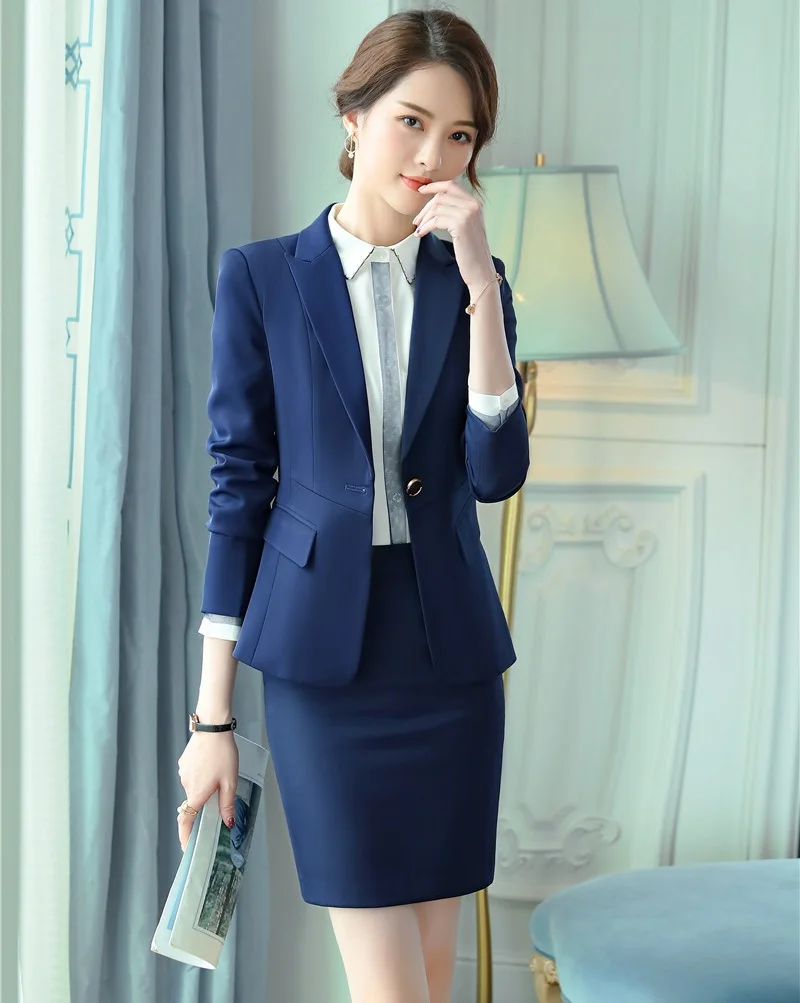 Fashion Women Skirt Suits Navy Blue Blazer and Jacket Sets Ladies ...