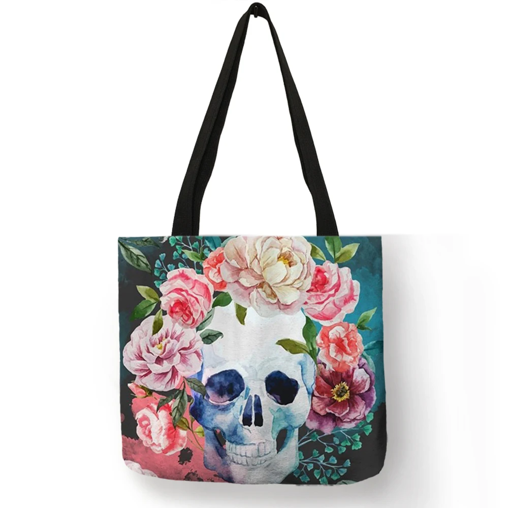 

Floral Tote Bag Women 2018 Elegant Flowered Colored Skull Art Painting Hand Bags Eco Linen Casual Practical Multi Function Bag