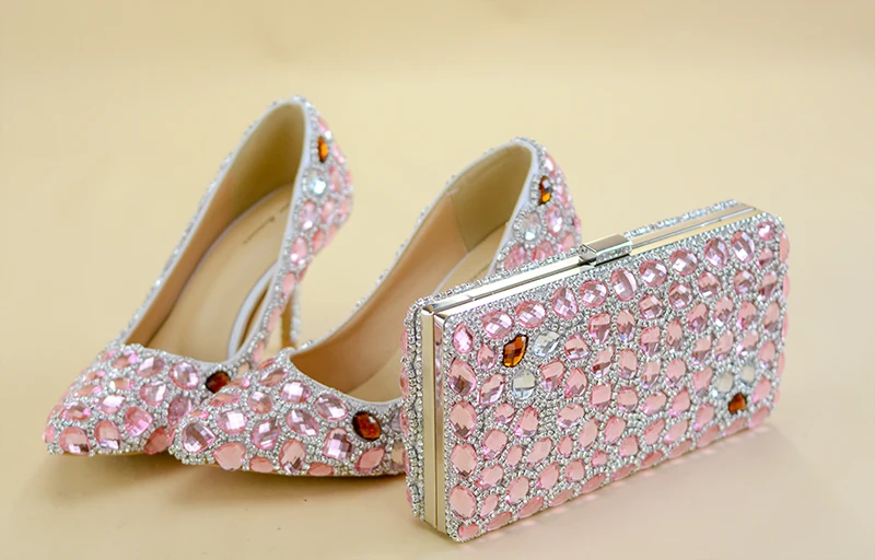 Botines Rosa Y Conjunto 2018 De Tacones Bolsos Cristal Brillantes Puntiagudos Claro Diamante Elegantes 8 Mujer Cm Zapatos Boda fwEBnW0f