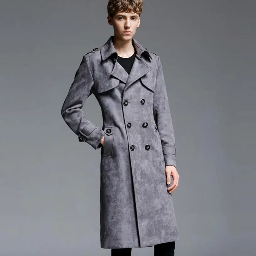 

Free shipping large size autumn and winter double breasted button lapel casual extra long windbreaker men suede coat/S-5XL