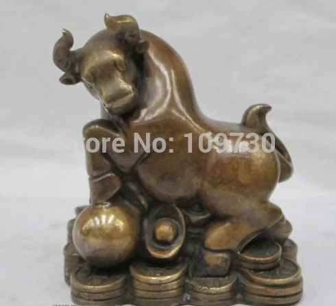 

003314 5.8"China Feng shui luckly Bronze Geomantic money Chinese zodiac OX BULL Statue
