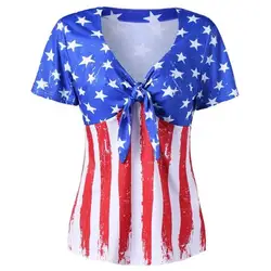 Летняя футболка в американском стиле с цифровым принтом, со звездами, в полоску, с бантом, с глубоким v-образным вырезом, открытая свободная