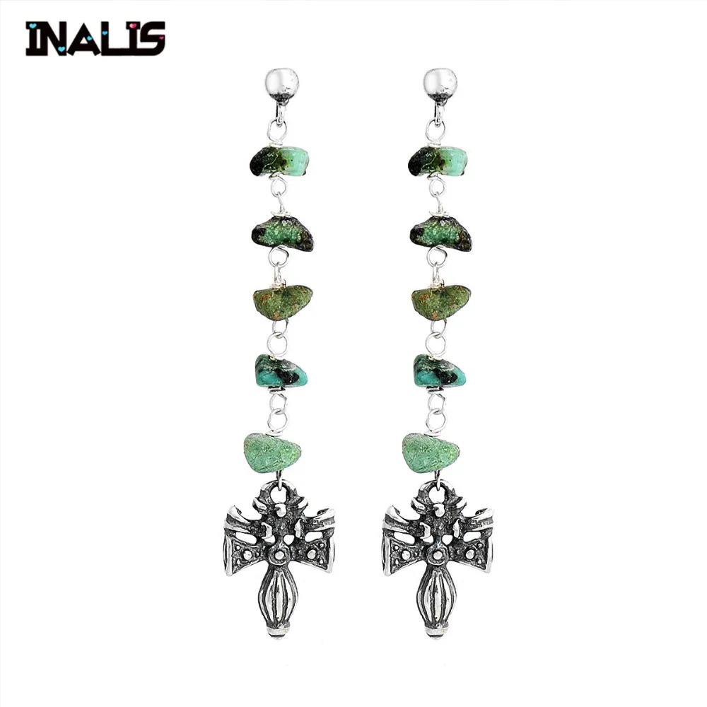 

INALIS New Luxurioius Punk Statement Long Drop Earrings 925 Sterling Thai Silver with Green Natural Stones Cross Dangle Brincos