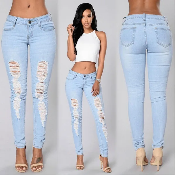 KL924 Fashion low waist harem denim pants women hole ripped jeans oversized with pockets elastic trousers