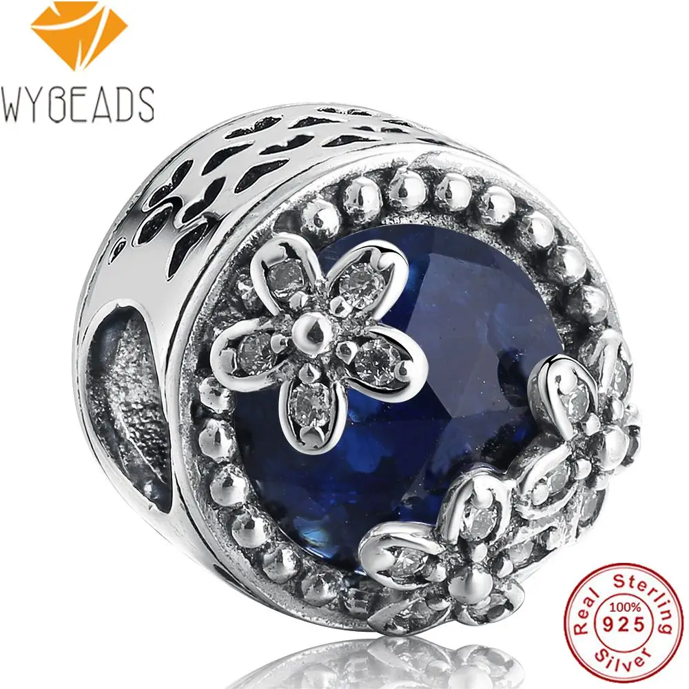 Wybeads 925 серебро луговые ромашки Королевский синий Ясно CZ Талисманы Европейский
