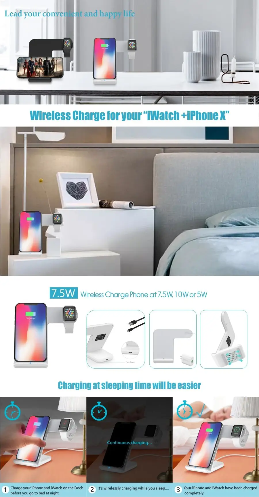 2 in 1 Wireless Charger for apple watch 2 3 4 Type C Port Fast Wireless Charging for iphone X 8 Plus Samsung S9 S8 note 8